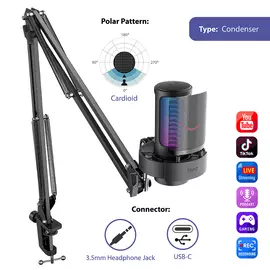 FIFINE A8T Condenser RGB  USB Microphone with Adjustable Arm Stand, Black