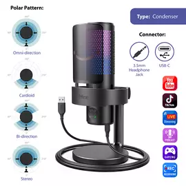Fifine A9 Condenser RGB USB Microphone with 4 Polar Pattern, Black