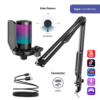 FIFINE A6T Condenser RGB USB Microphone with Boom Arm, Black
