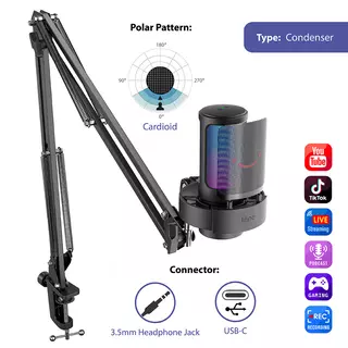 FIFINE A8T Condenser RGB  USB Microphone with Adjustable Arm Stand, Black
