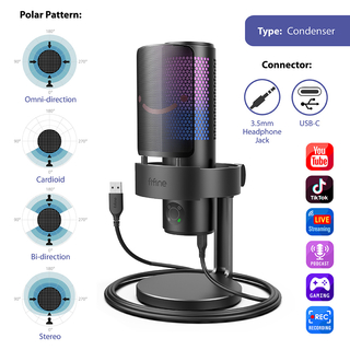Fifine A9 Grabación RGB Micrófono de condensador con patrón de cuatro polos, Negro