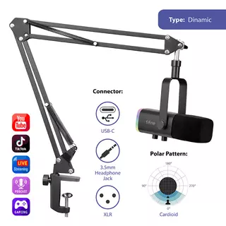 FIFINE AM8T Dynamic RGB  XLR/USB Microphone Adjustable Boom Arm, Black