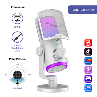 FIFINE AM6 Micrófono de condensador para juegos con botón de preferencia de volumen para chat y juegos, Blanco