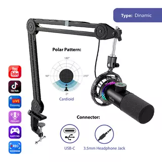 FIFINE T658 Dynamic RGB USB Microphone with Boom Arm Stand, Black