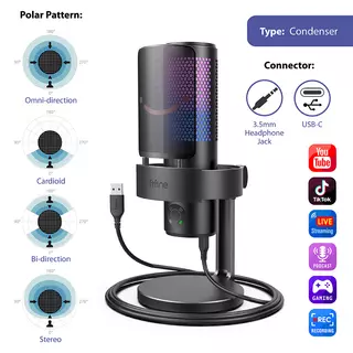 Fifine A9 Condenser RGB USB Microphone with 4 Polar Pattern, Black