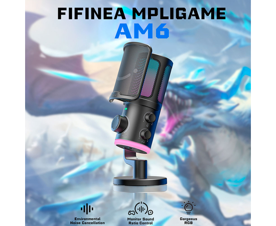 FIFINE AM6 Microphone à condensateur de jeu avec bouton de préférence pour le volume de chat et de jeu, noir